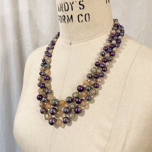 Vintage 3-Strand Beaded Necklace Iridescent Purple and Pink